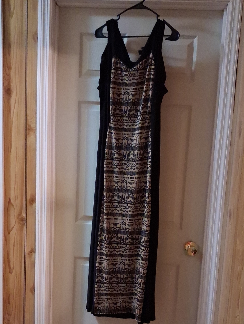 R&M Richards Black Maxi Dress with Gold and Beige Patterned Front